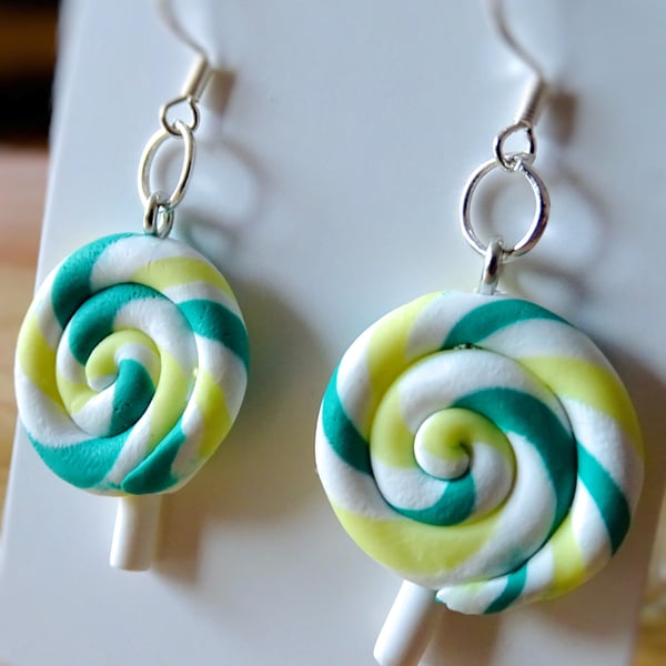 Green Lollipop Earrings 925 Silver Hooks, Quirky Jewellery Summer Festivals