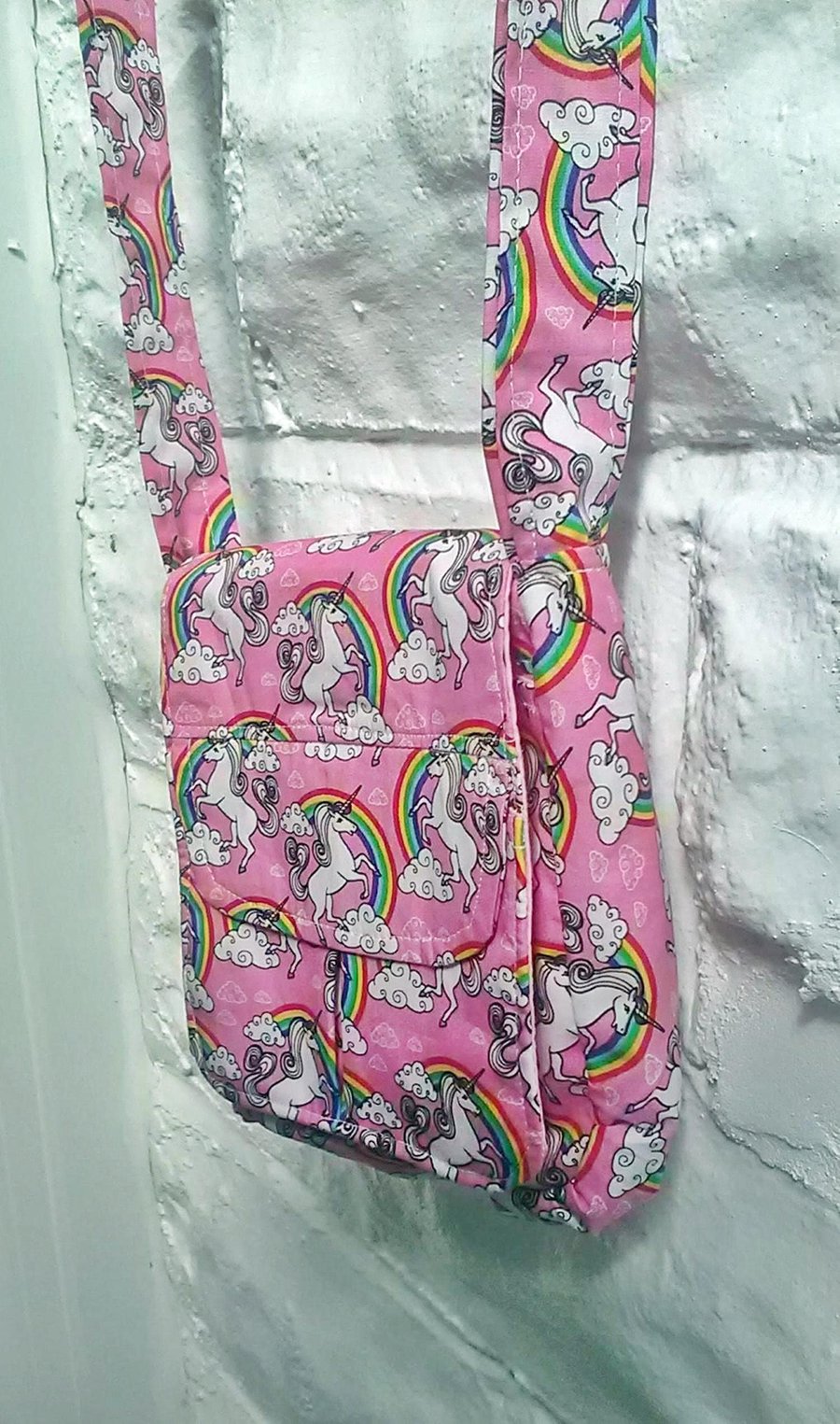 Unicorn bag, pink mini shoulder bag, cotton fabric lined bag