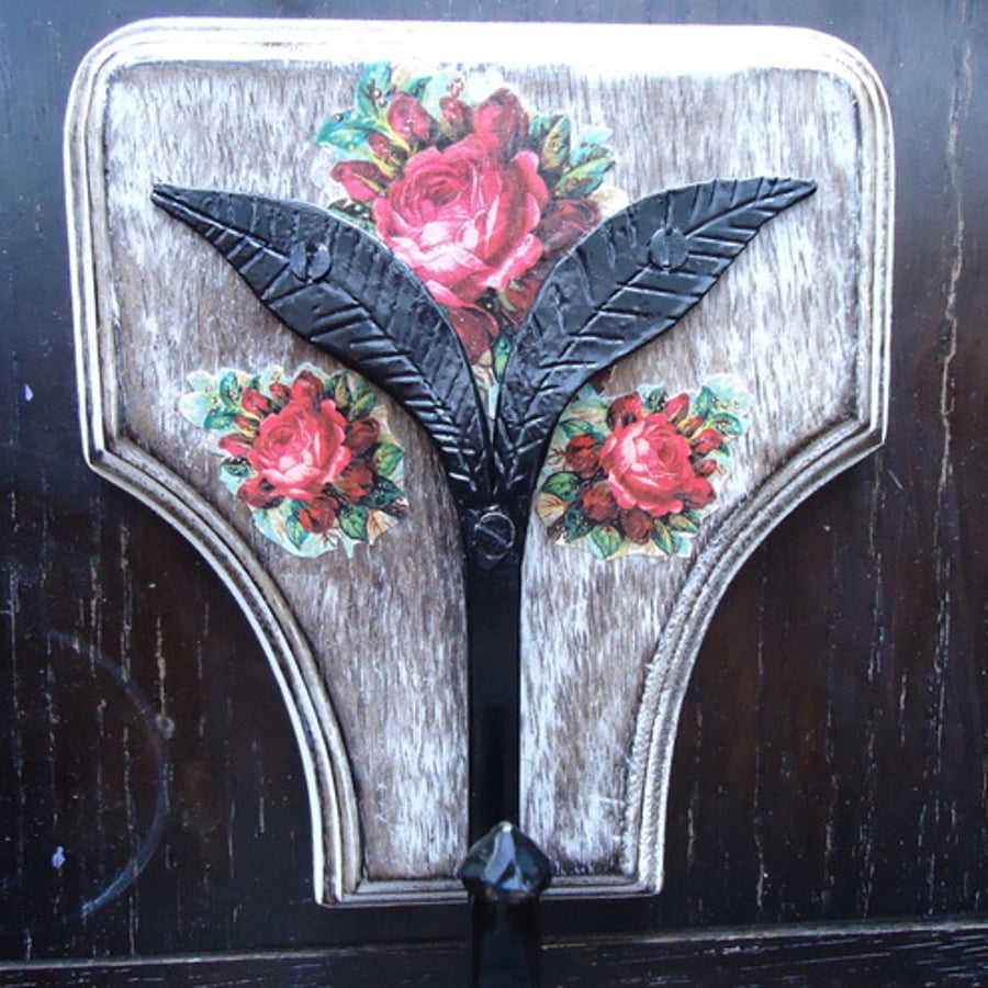 Wall Coat Hook Hanger Oak Cast Iron Hook decoupaged in Victorian roses
