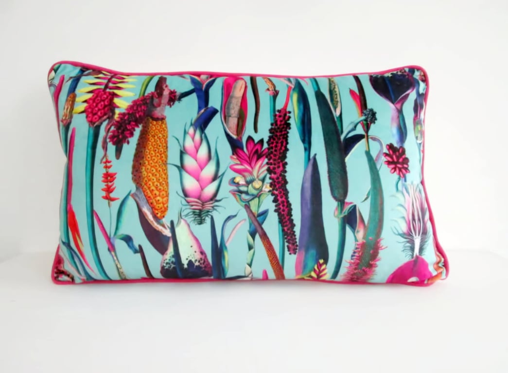 Printed Velvet Jungle Design Cushion Cover with Pink Piping