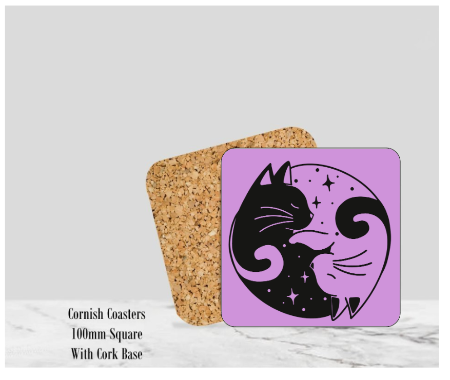 Puple Yin & Yang Cat Coaster 4" Square With Cork Base