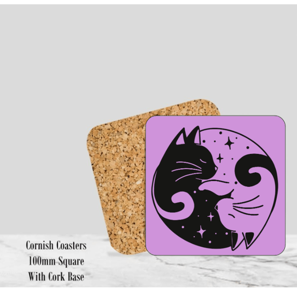 Puple Yin & Yang Cat Coaster 4" Square With Cork Base