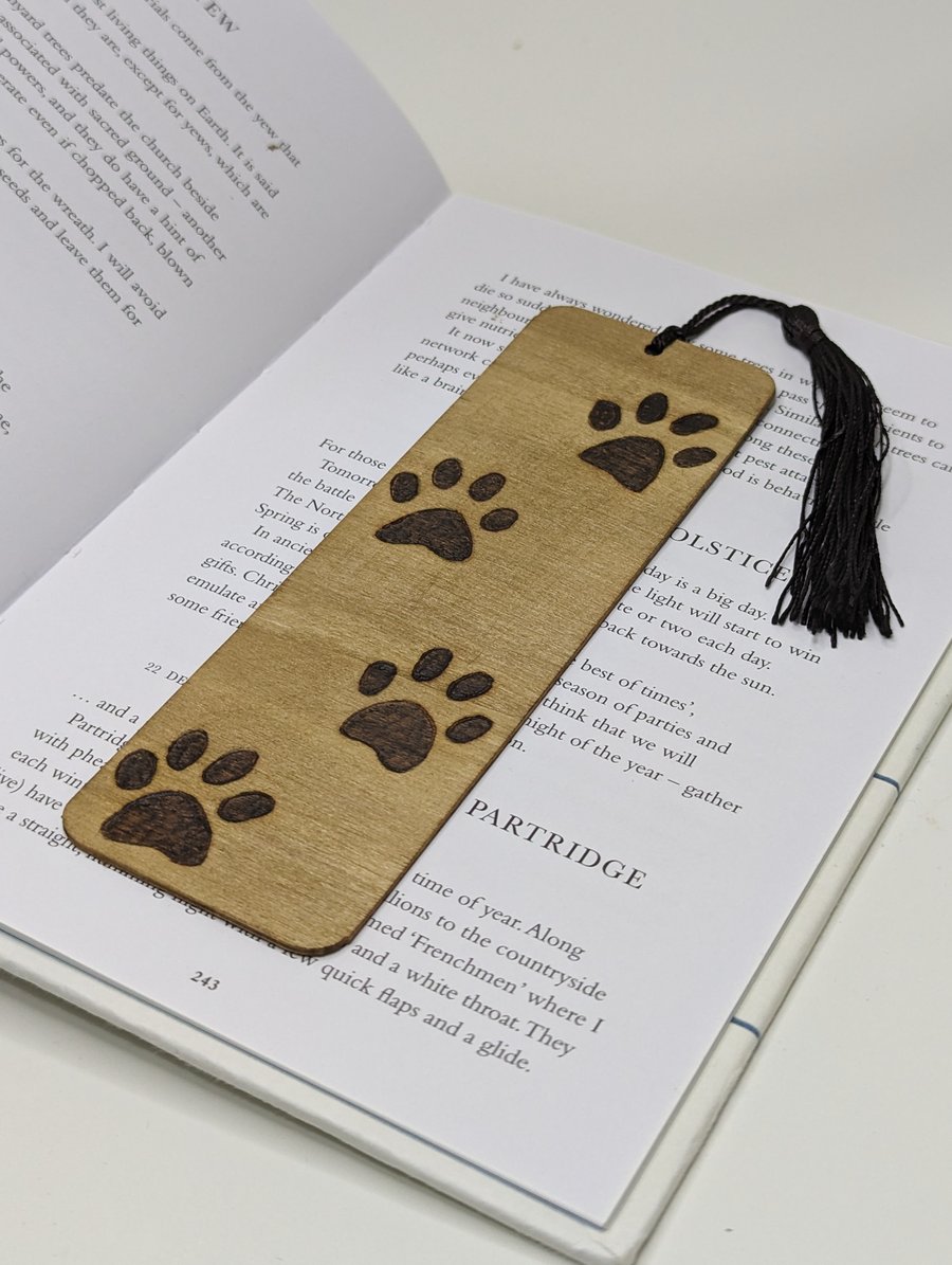 Wooden bookmark with pyrography paw print desig - Folksy
