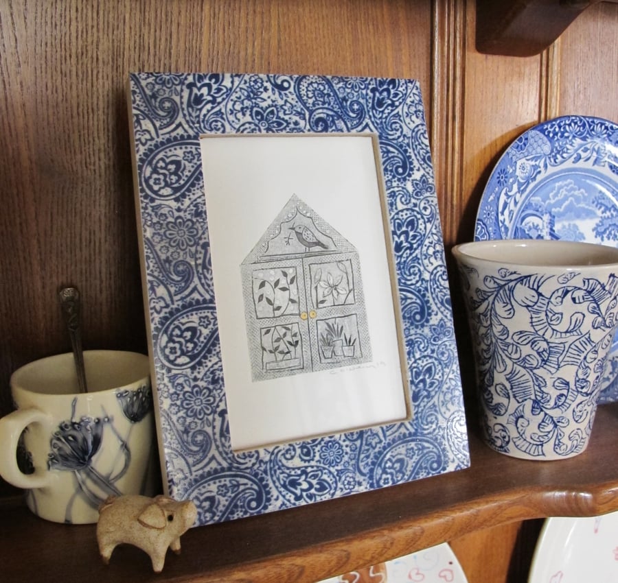 Little Glass house in Blue frame -  Original Collagraph Print Framed