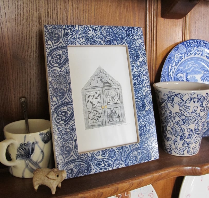 Little Glass house in Blue frame -  Original Collagraph Print Framed