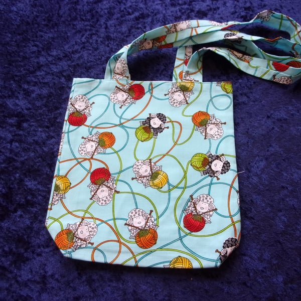 Pale Turquoise Fabric Bag with Knitting Sheep