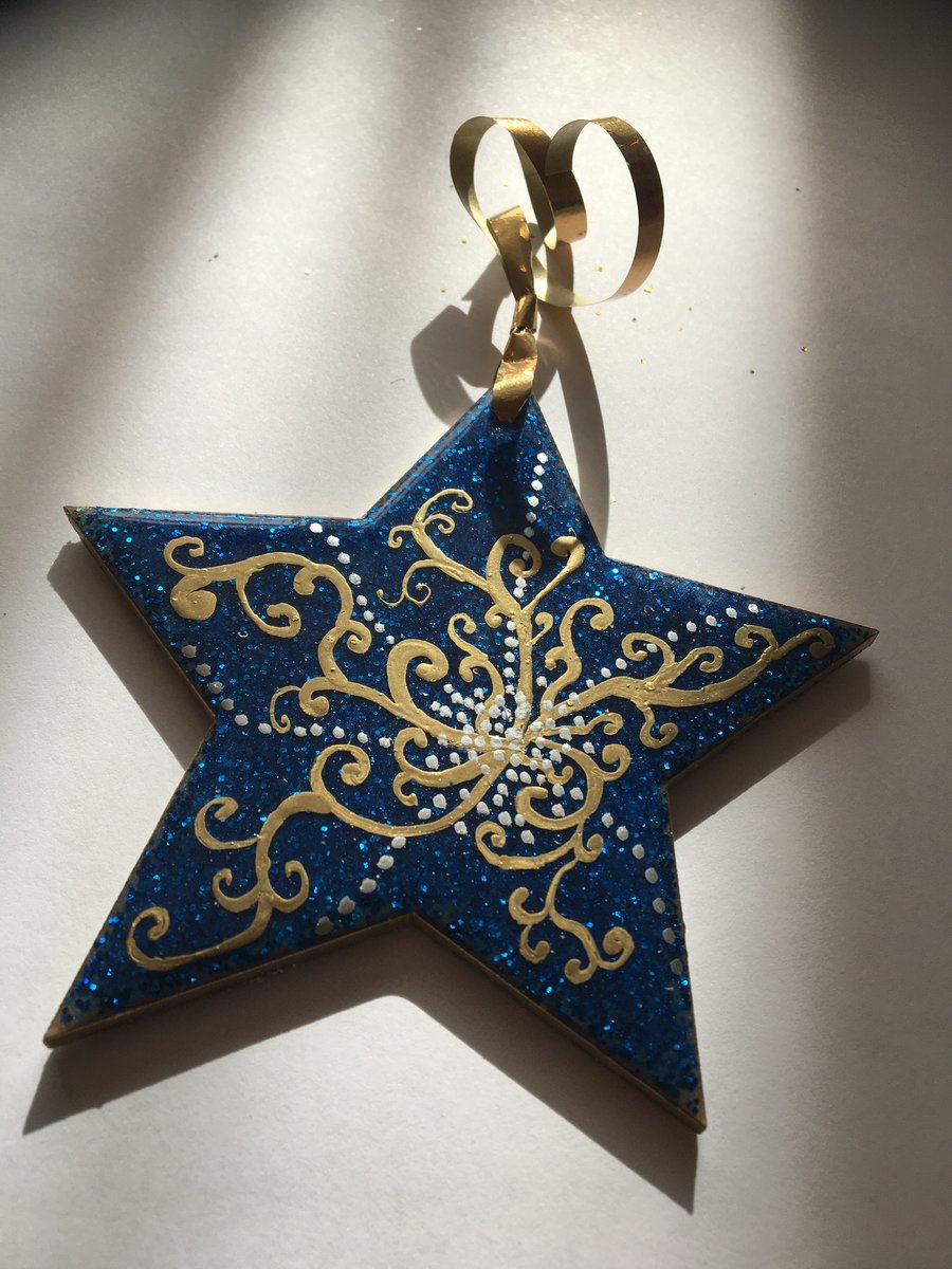 Christmas ornament, Christmas decoration, star, blue, goldn silver embellished