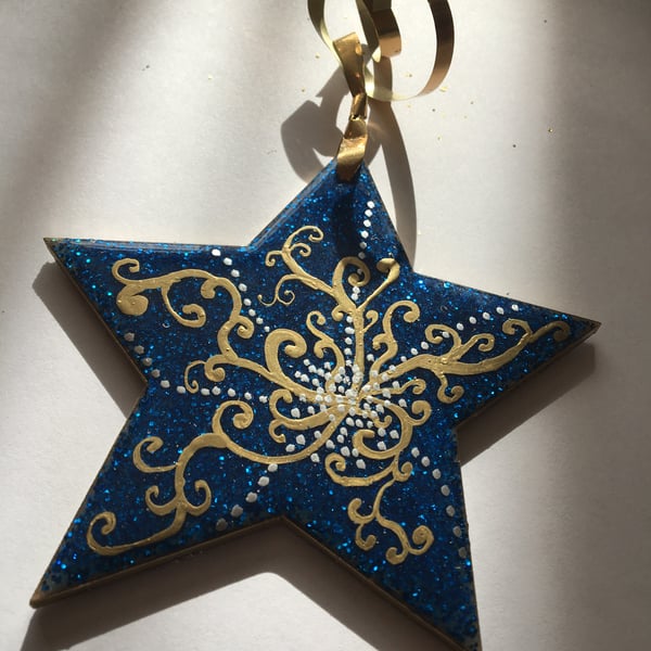 Christmas ornament, Christmas decoration, star, blue, goldn silver embellished