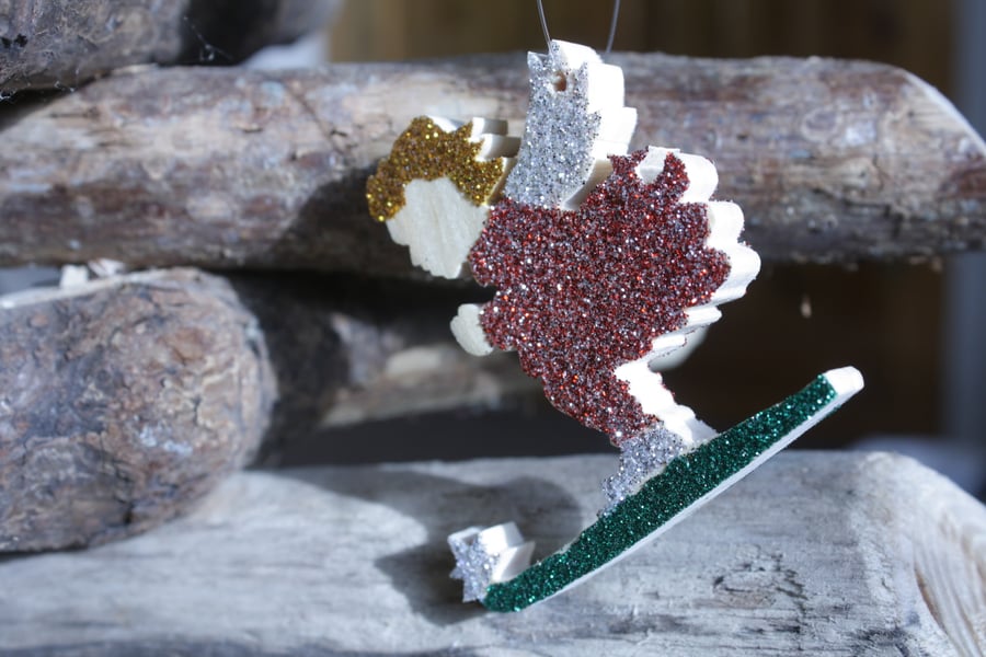 Unusual Wooden Angel Skiing Decoration with Glitter