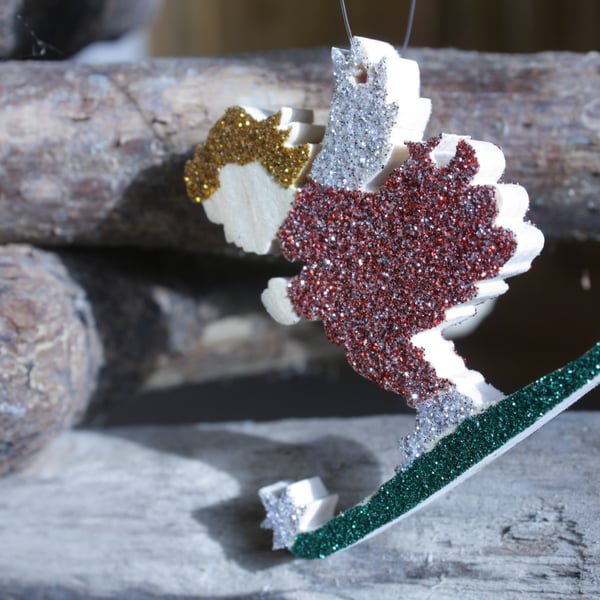 Unusual Wooden Angel Skiing Decoration with Glitter