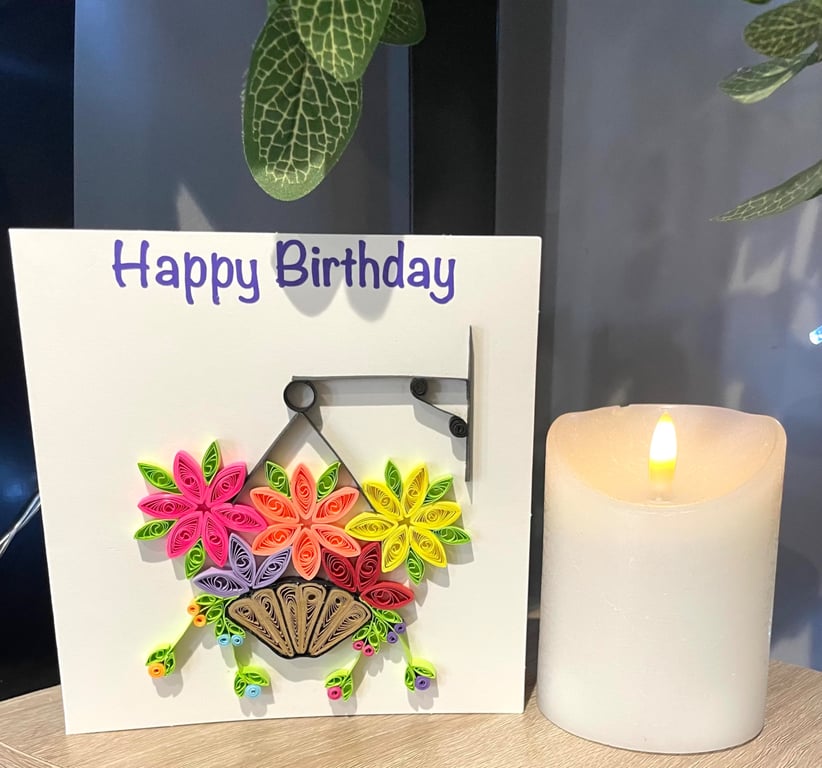 Happy birthday hanging Basket quilled Card