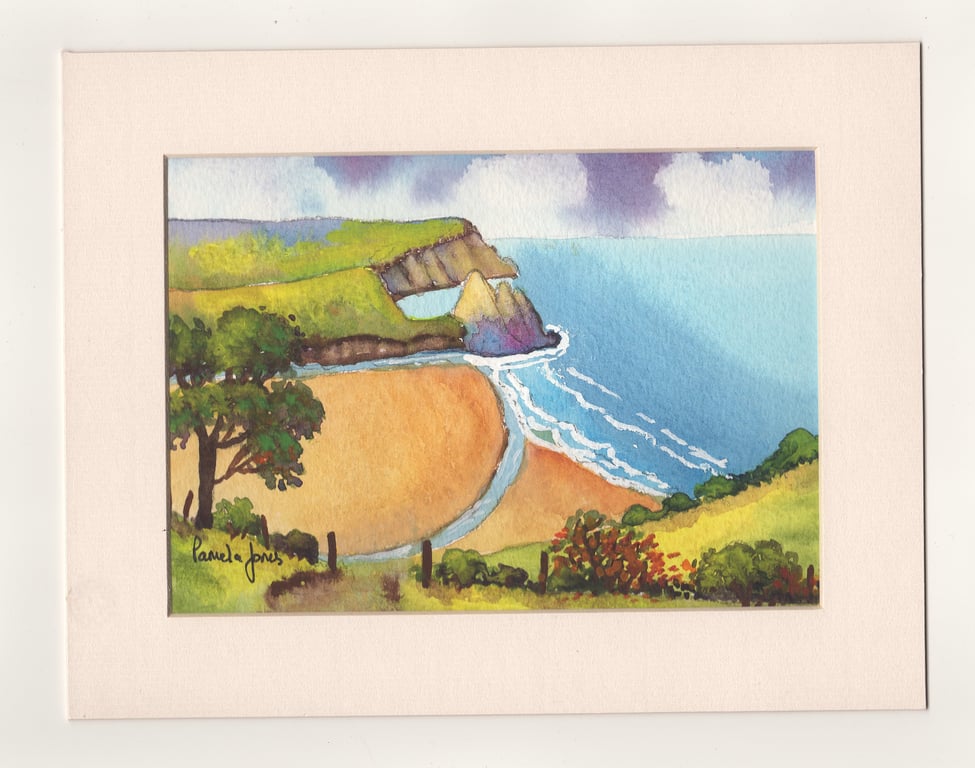 Three Cliffs Bay, Original Watercolour, Gower, in 9 x 7 '' Mount, Gift idea
