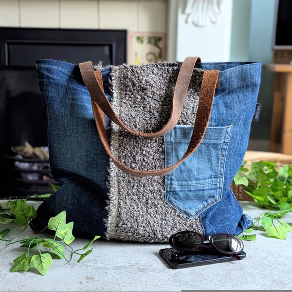 Denim XL Tote Bag. Recycled Denim Shoulder Tote Bag with Boucle Panels