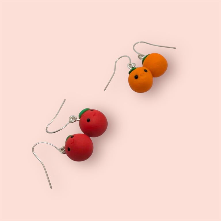 2 Pairs Cute Apple & Orange Earrings Handmade Polymer Clay Jewellery For Her