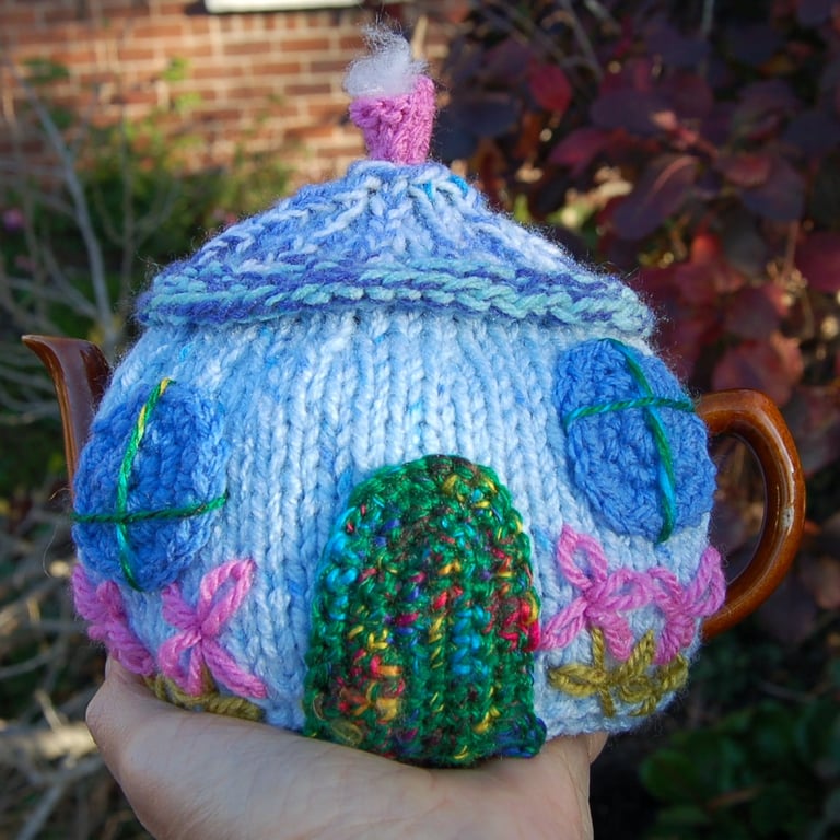Knitted tea cosy - Fairy cottage design  to fit a one two cup teapot