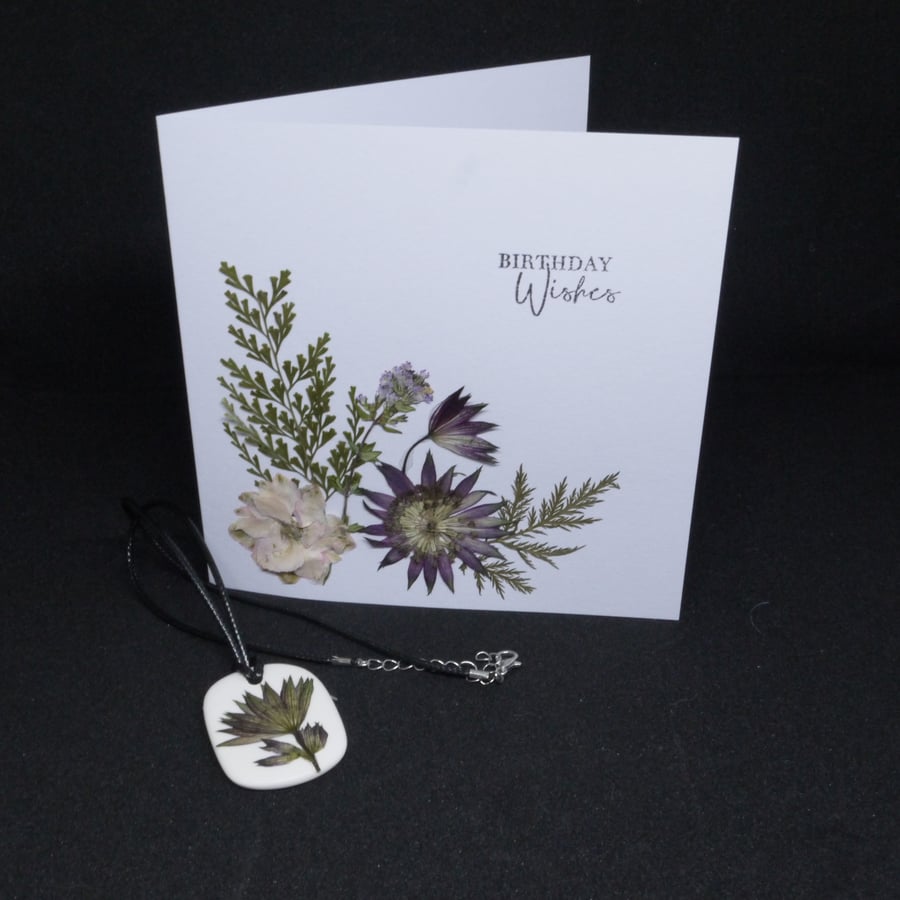Pressed astrantia flower birthday card with matching ceramic pendant