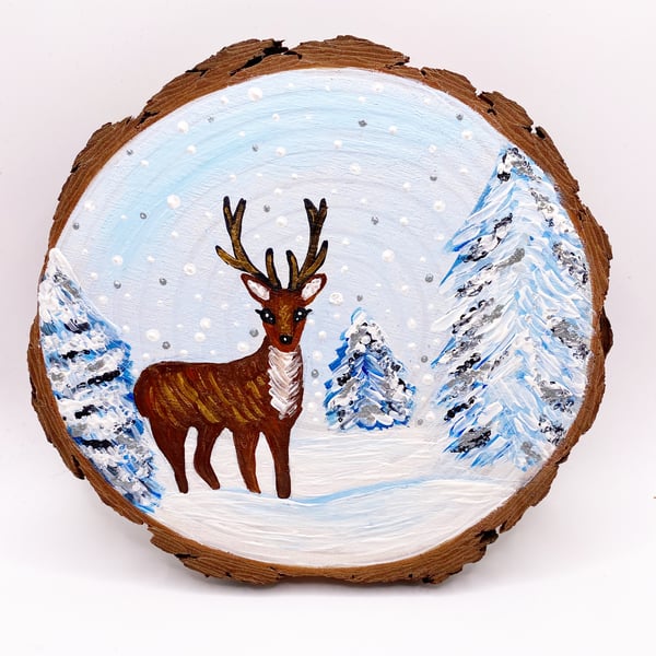 Winter deer wood slice painting 