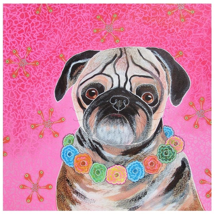 Original Pug Painting Colourful Hand Painted Dog Pet Portrait Wall Art
