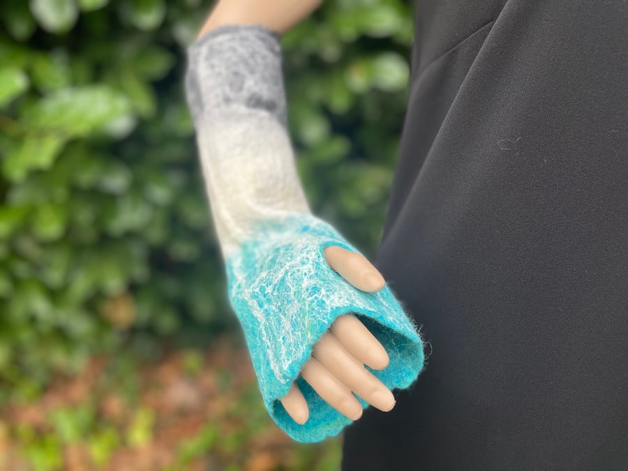 Unique Hand Warmers, fingerless, organic British Wool, wet felted handmade in UK