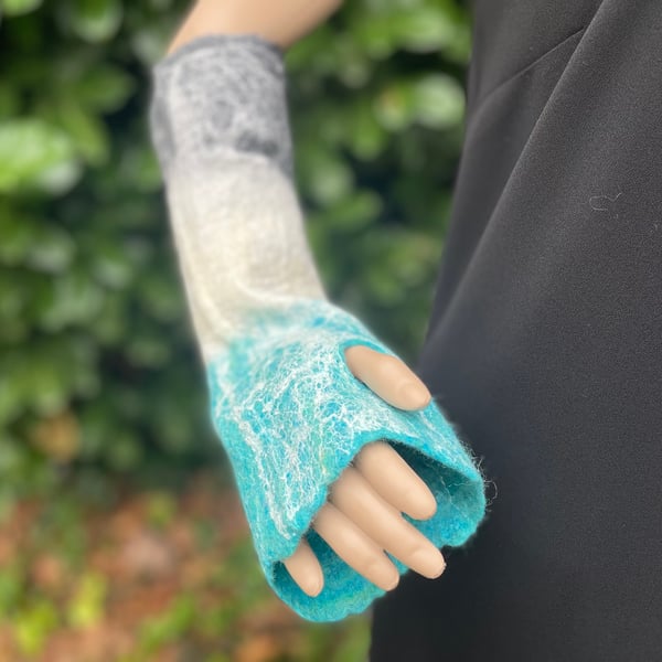Unique Hand Warmers, fingerless, organic British Wool, wet felted handmade in UK