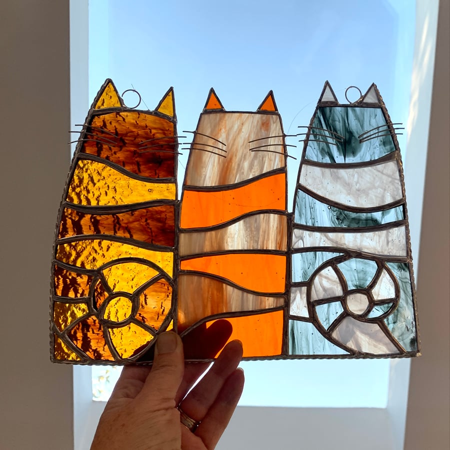 Stained Glass Cat Trio Suncatcher - Handmade Hanging Window Decoration