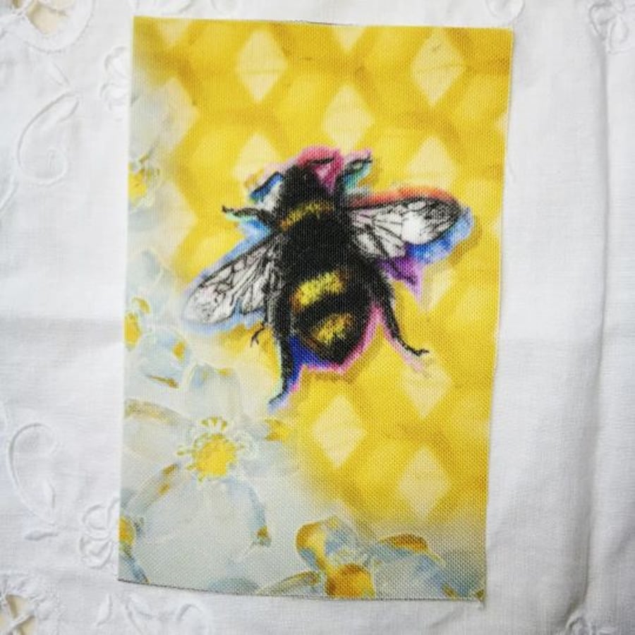 Bee fabric panel 10x15cm honeycomb slow sew embroidery textile art  sewing 