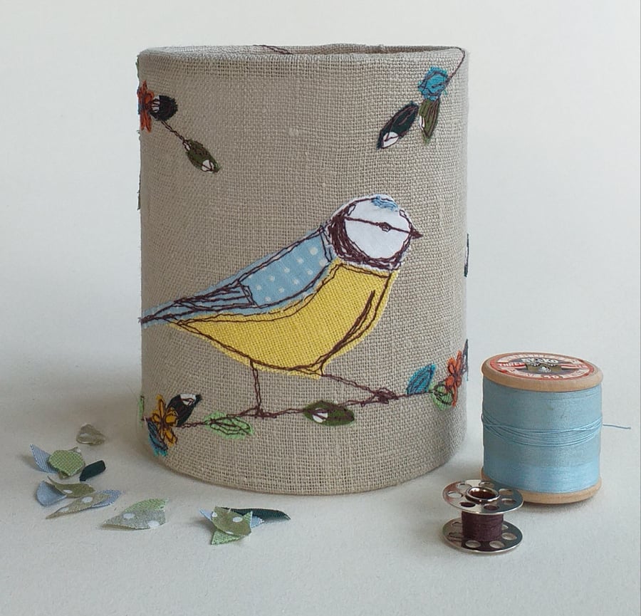 Blue-tit Embroidered Lantern for Battery Tealight