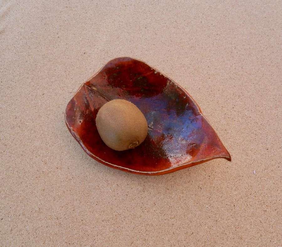 Red leaf trinket dish, Handmade red stoneware leaf bowl,  tealight holder, 3not