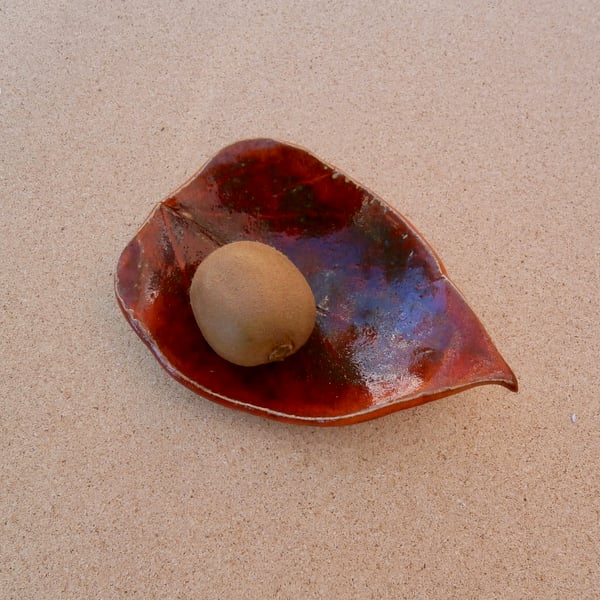 Red leaf trinket dish, Handmade red stoneware leaf bowl,  tealight holder, 3not