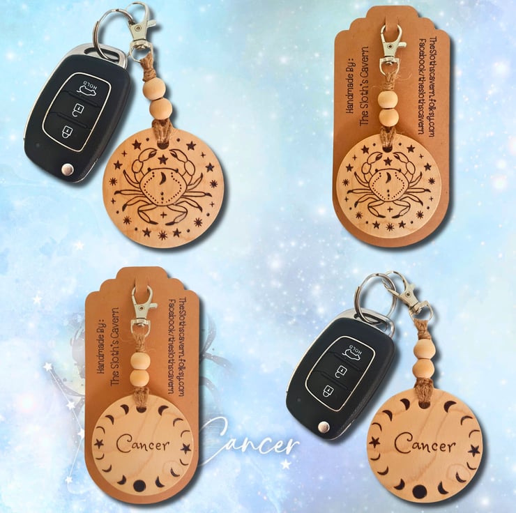 Cancer Zodiac Star Sign Card, Wooden Keyring, o... - Folksy