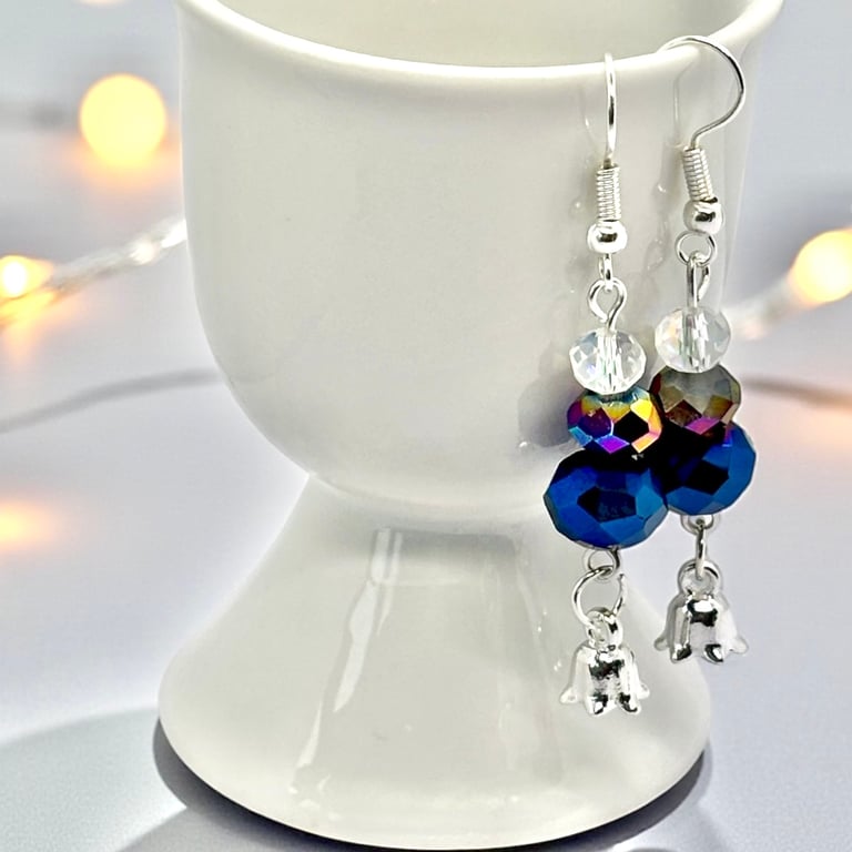 Blue Electroplated Crystal Dangle earrings with dainty silver bells Charms,