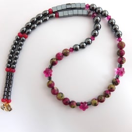 Ruby In Zoisite, Pink Swarovski Crystal & Hematite Necklace - Seconds Sunday