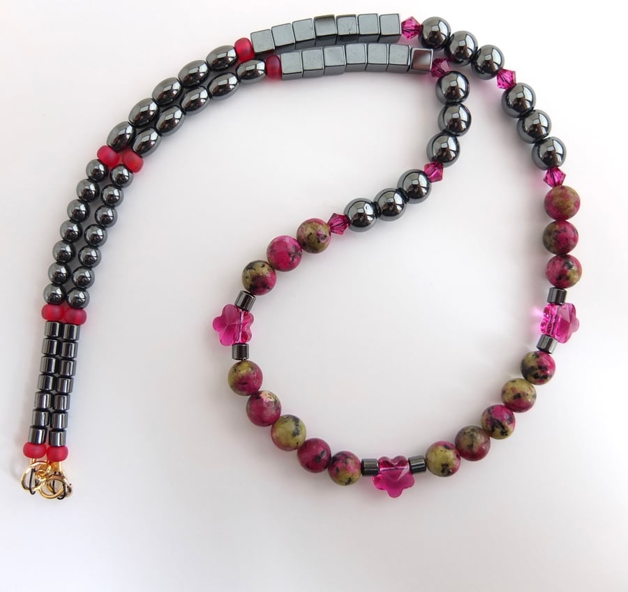 Ruby In Zoisite, Pink Swarovski Crystal & Hematite Necklace - Seconds Sunday