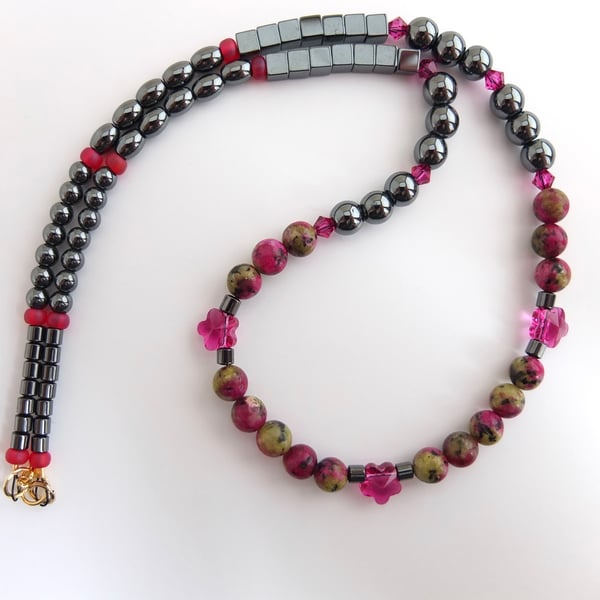 Ruby In Zoisite, Pink Swarovski Crystal & Hematite Necklace - Seconds Sunday