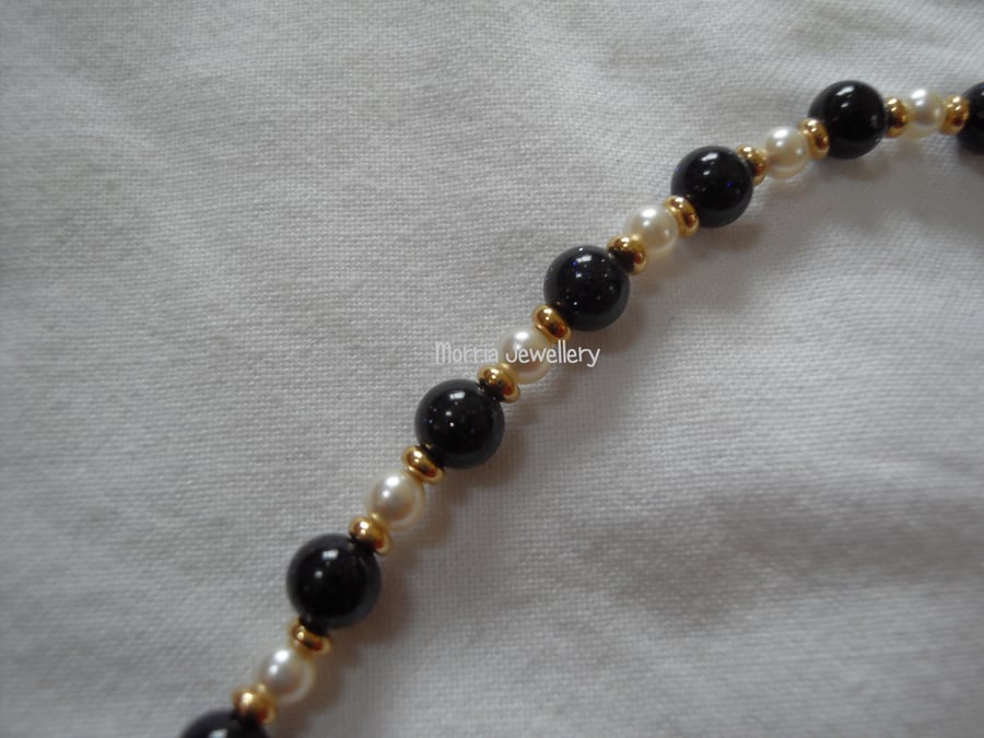 Goldstone and Pearl Necklace