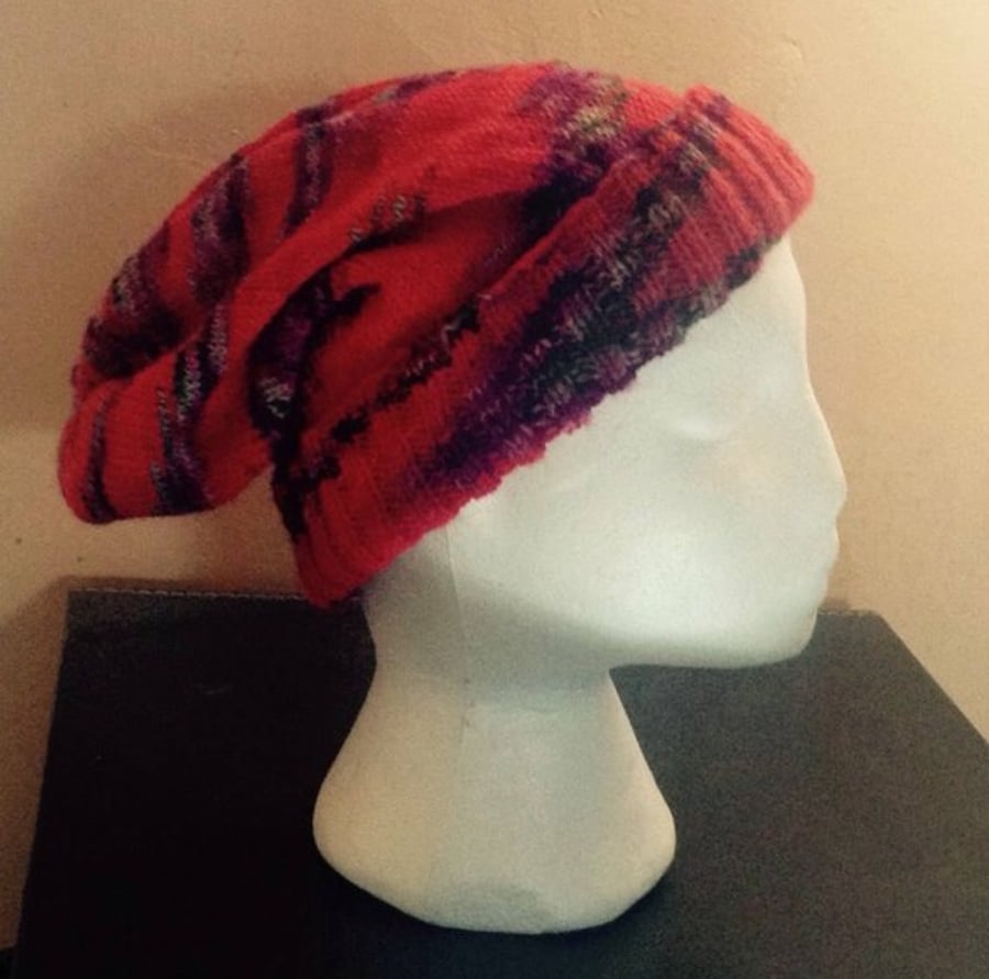 Red Slouch Beanie Hat Hand Knit