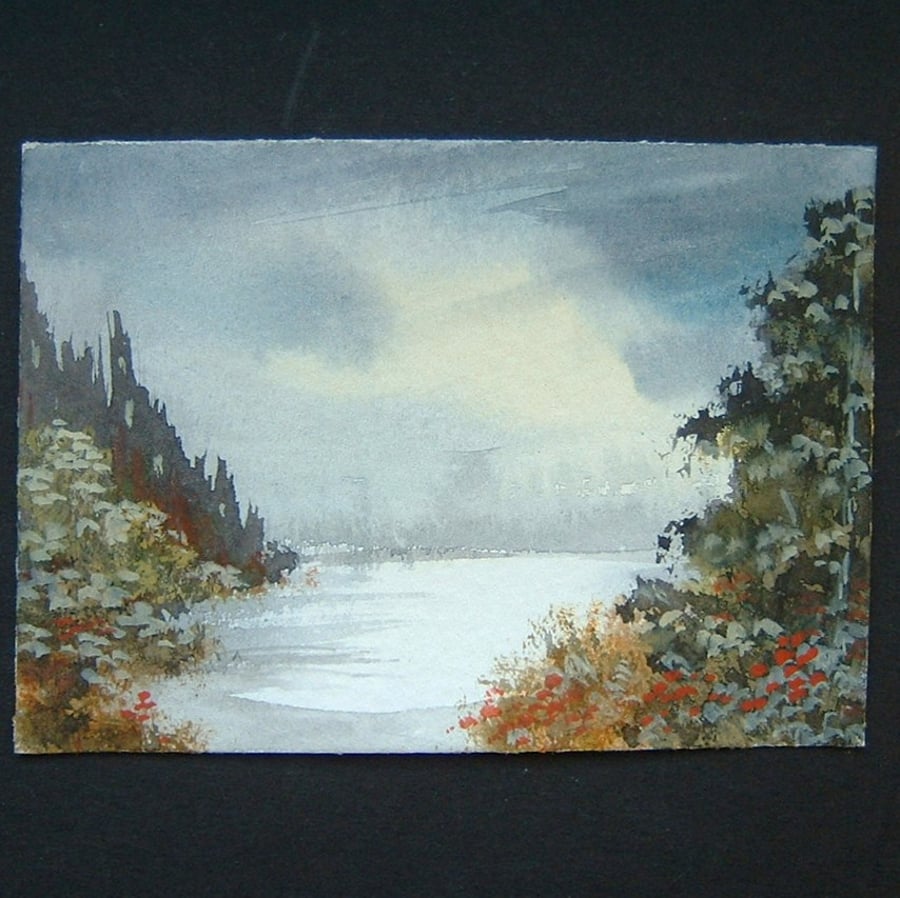 landscape art painting original watercolour aceo river ref 41