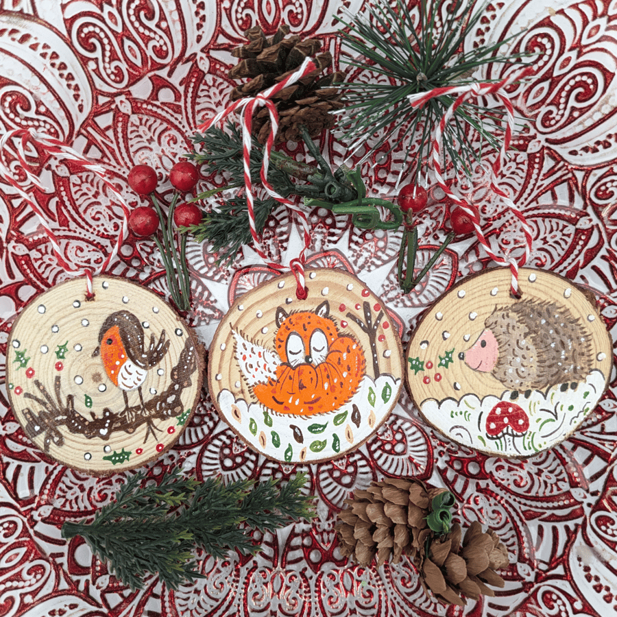 Woodland Animal set of 3 log slice Christmas decorations 