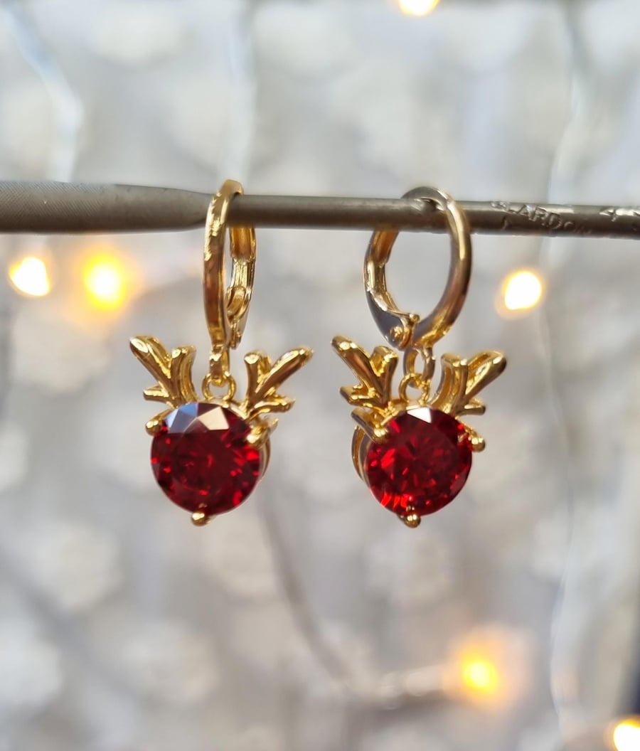 Sparkling Ruby Rudolph Gold Huggie Hoop Earrings - Christmas Collection