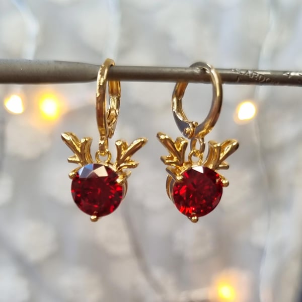 Sparkling Ruby Rudolph Gold Huggie Hoop Earrings - Christmas Collection