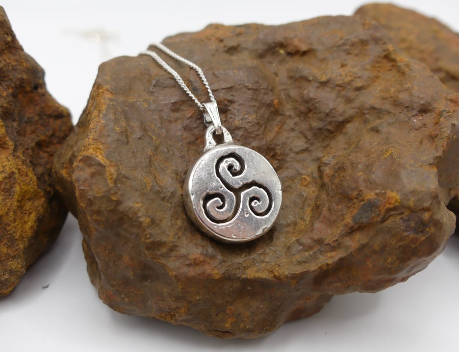 Small Round Recycled Fine Silver 999 with Triskele in Centre Pendant Necklace.