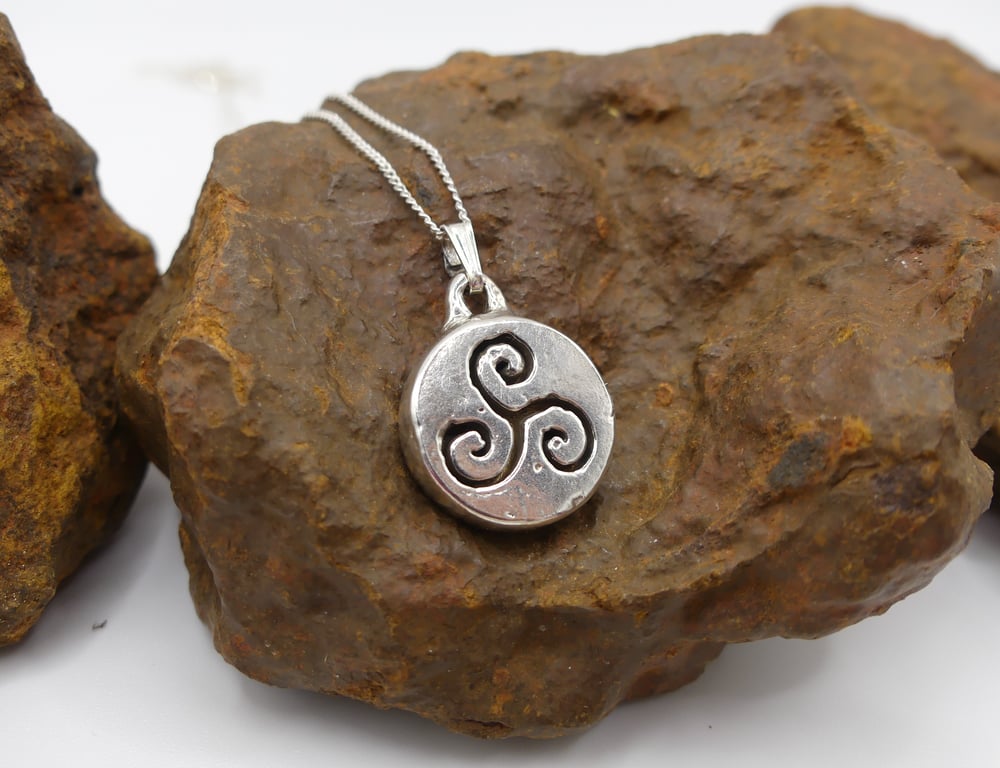 Small Round Recycled Fine Silver 999 with Triskele in Centre Pendant Necklace.