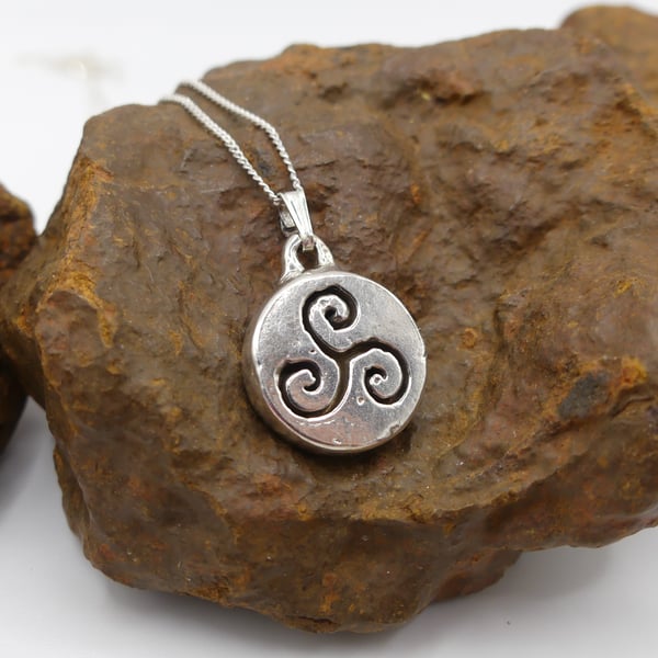 Small Round Recycled Fine Silver 999 with Triskele in Centre Pendant Necklace.