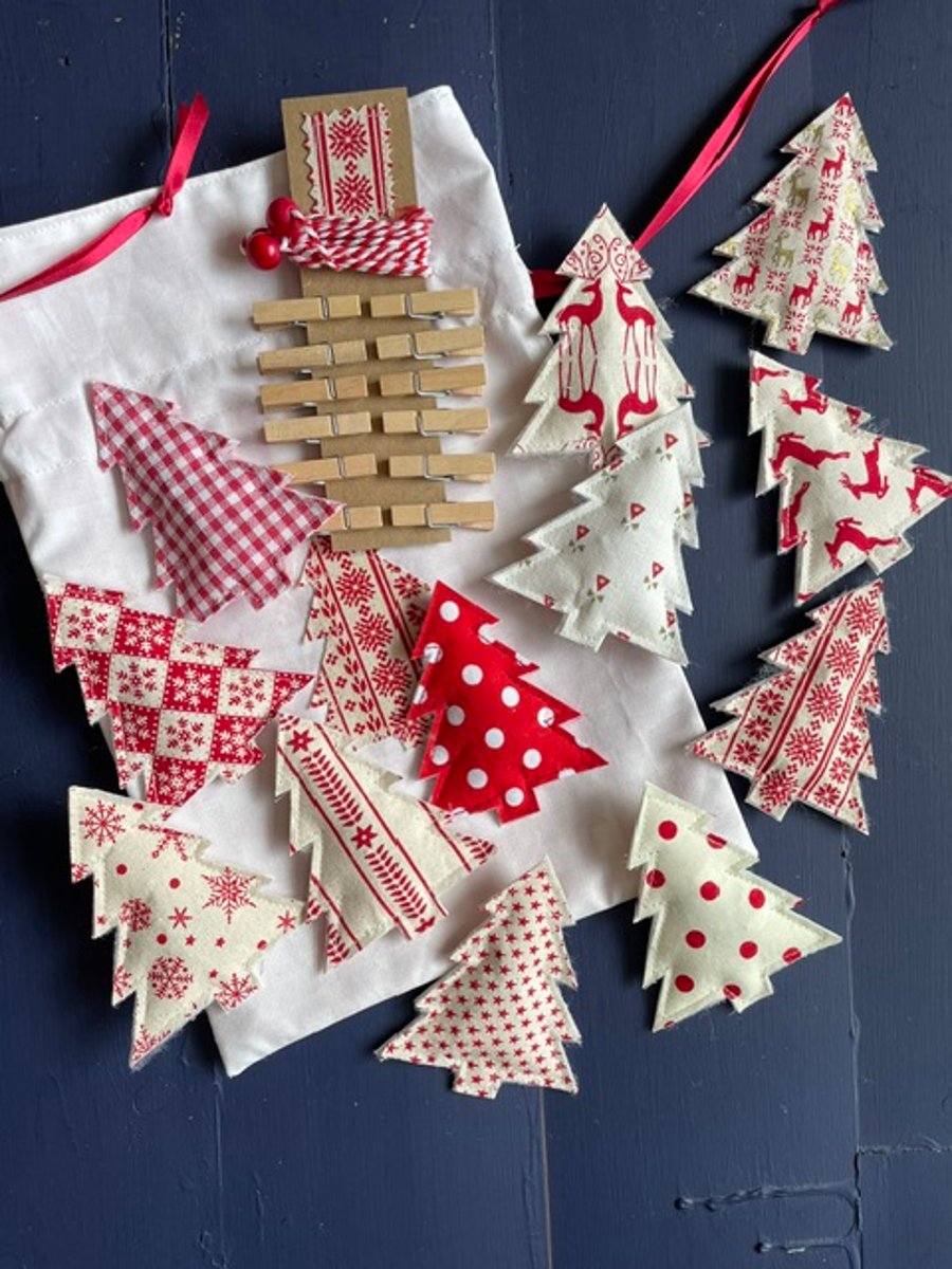 Twelve Trees of Christmas fabric garland - cream and red