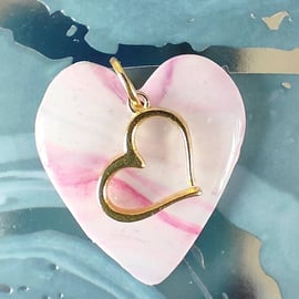Pink Marbled Polymer Clay Heart Pendant
