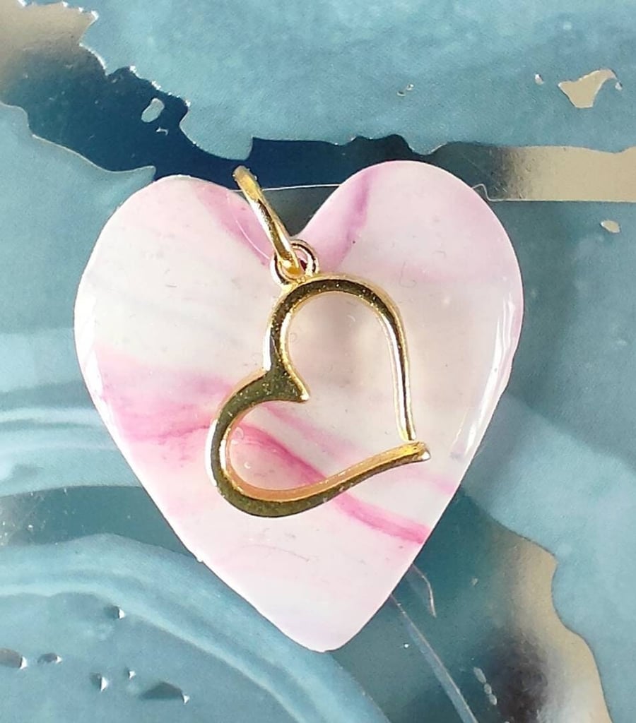 Pink Marbled Polymer Clay Heart Pendant