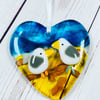 Fused glass heart with seagulls hanging decoration. 