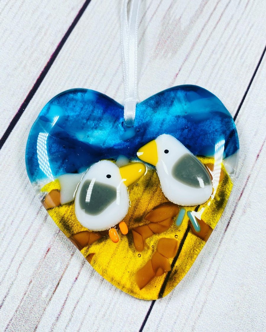 Fused glass heart with seagulls hanging decoration. 