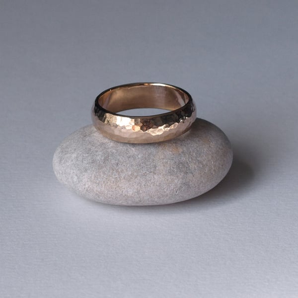 Yellow Gold Wedding Ring, D Wire Shaped 6mm Wide Band, Hammered Texture