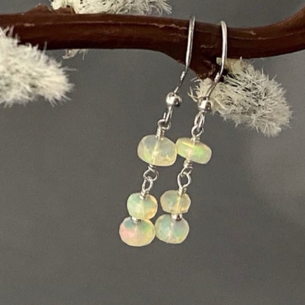 Dainty Delicate Ethiopian Opal Gemstone Sterling Silver Drop Earrings 